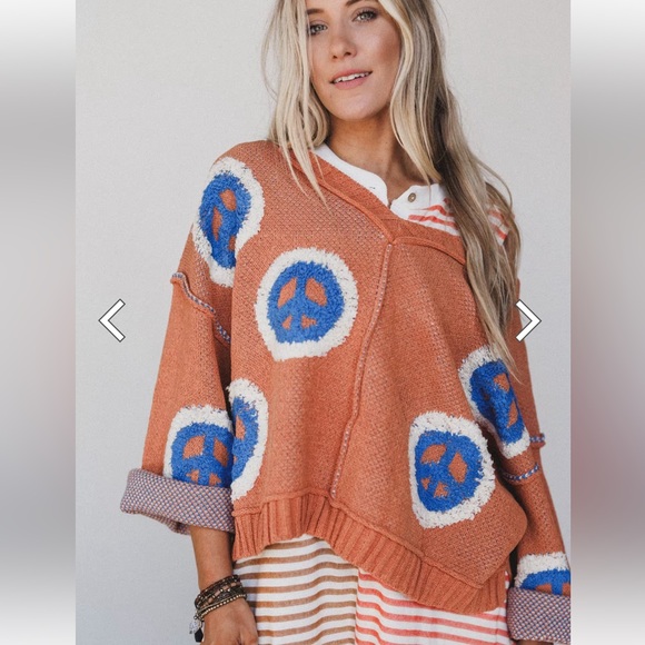 POL Orange Sweater Blue & White Peace Symbols S NEW Peaceful Vibes 3 Bird Nest - Picture 4 of 13